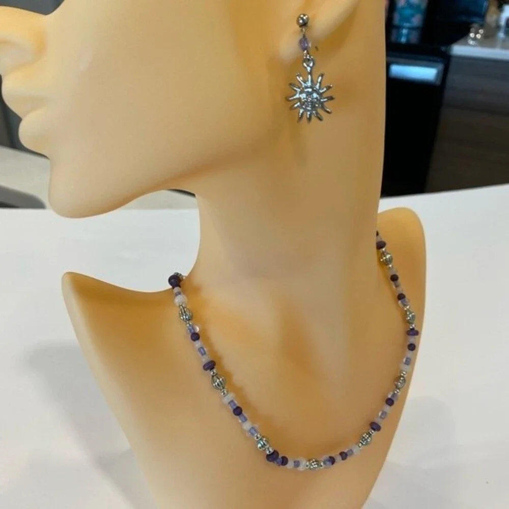 Necklace & Earrings set! Blue, clear & silver beads with silver Sun earrings.